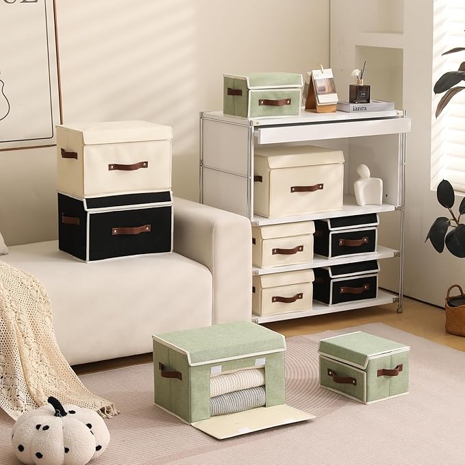 Storage Bins Box with Lids Front Opening Window Decorative Cotton Linen Fabric Basket PU Leather Handles Washable PP Plastic Board Foldable Shelf Closet Organizer Container (Beige, Large)