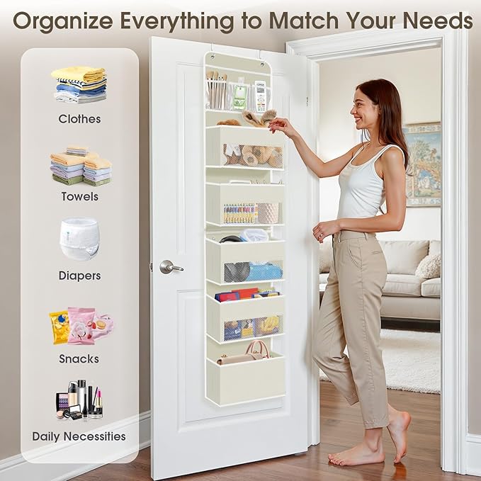 SpaceHacks 6-Tier Over The Door Organizer, Hanging Storage Organizer with Clear Window, 40lb Ultra Sturdy Large Capacity Room Organizer for Pantry Bathroom Nursery Closet Baby Essential (Beige)