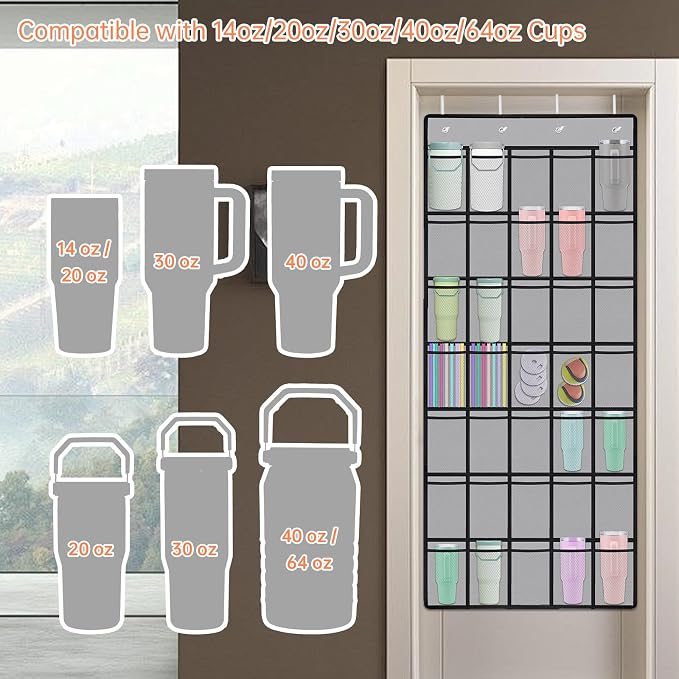 NiHome 35 Pockets Door Hanging Cup Organizer Fit for Stanley Tumblers, Gray | Large Capacity Over the Door Water Bottle Organizer in Kitchen, Pantry, Classroom, Elastic Mesh Secure Storage Cup Holder