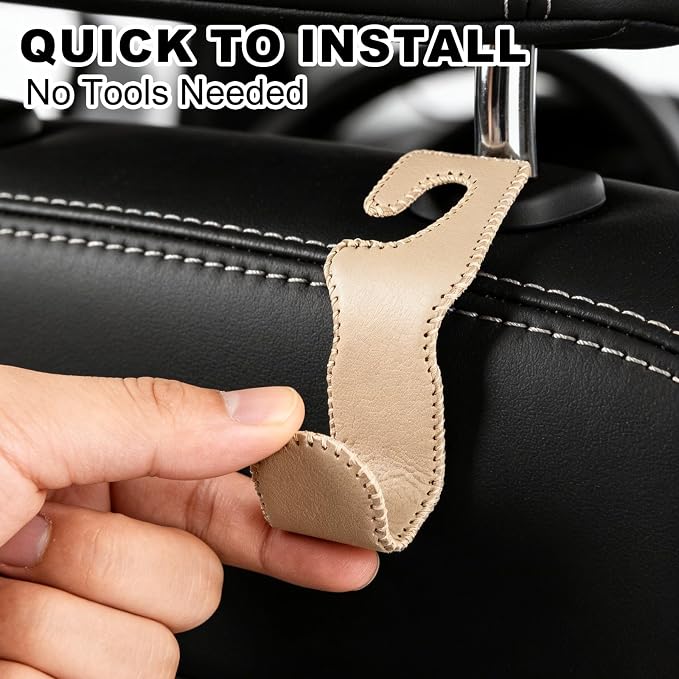 EldHus Car Seat Hooks for Purses and Bags, 4 Pack Car Purse Holder for Grocery Bag Handbag Clothes, Metal Headrest Hooks Covered by Leather, Beige