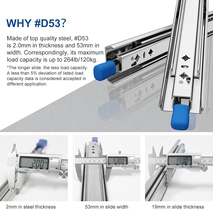 VADANIA #D53 24" Heavy Duty Locking Drawer Slide with Lock, 1-Pair | 2" Width, Up to 125lb Load Capacity, 3-Fold Full Extension, Detachable Lock-in & Lock-Out, Side Mount