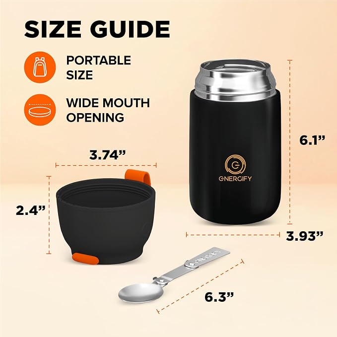 Vacuum Insulated Food Jar. Large 24oz Bowl incl. Folding Spoon, Cup. Wide Mouth Keep Hot & Cold Drinks Soup Lunch Container for Adults. BPA-Free Stainless Steel, Leak Proof Black Matte