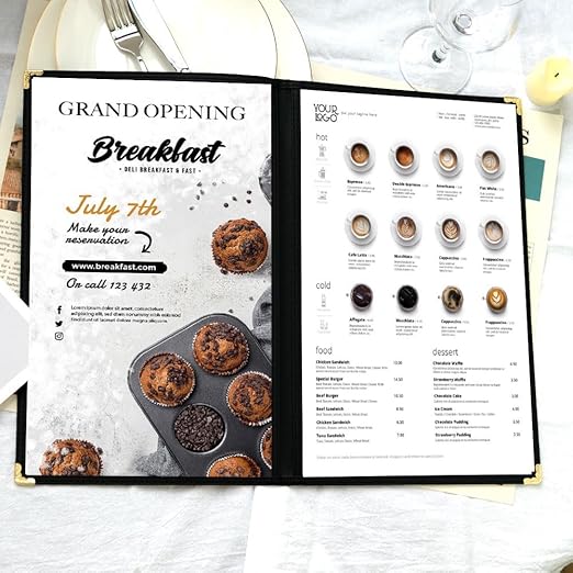 25 Pack Goodsmart Cafe Style Restaurant Menu Cover, 8.5x11 Side-Loading Double Stitched Edge Menu Sleeve, Crystal Clear Vinyl Menu Holder with Gold Decorative Corners (Black, 2 Pages / 4 Views)