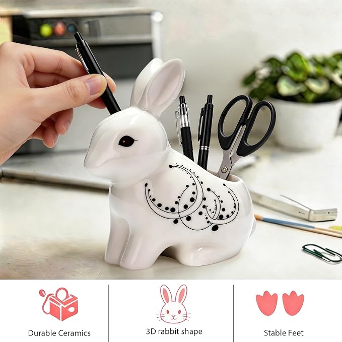 Ceramic Rabbit Shaped Pen Pencil Holder for Desk Decoration Accessories Rabbit Decor Makeup Brush Pen Cups Office School Ideal Gifts for Women, Mom or Birthdays