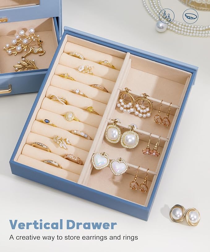 Homde Display Jewelry Box for Girls: Starter Organizer with Clear Window | Vertical Drawers for Earrings Rings Necklaces - Compact Footprint Fits Small Vanities - Birthday&Graduation Gift for Teens