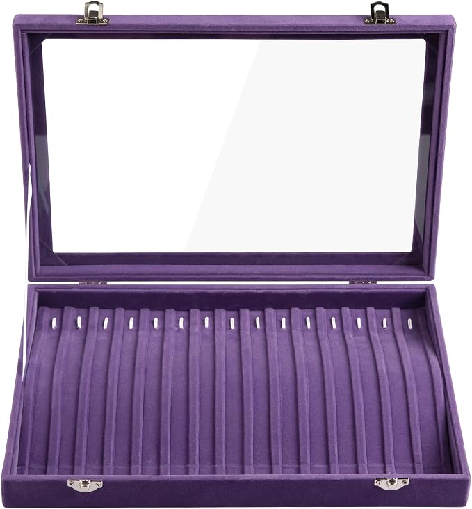 Frebeauty 15 Hooks Necklace Organizer,Velvet Necklace Holder Tray with Lid | Jewelry Organizer for Necklace Pendant Chain,Women Jewelry Box,for Home Use and Jewelry Store,Jewelry Display for Drawer