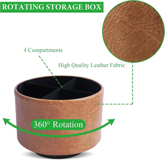 Round Leather Art Supply Organizer,Remote Control Holder,360 Degree Spinning,Multi-Functional Pencil Holder,4 Compartments Desktop Stationary Organizer(1-Crazy Brown)