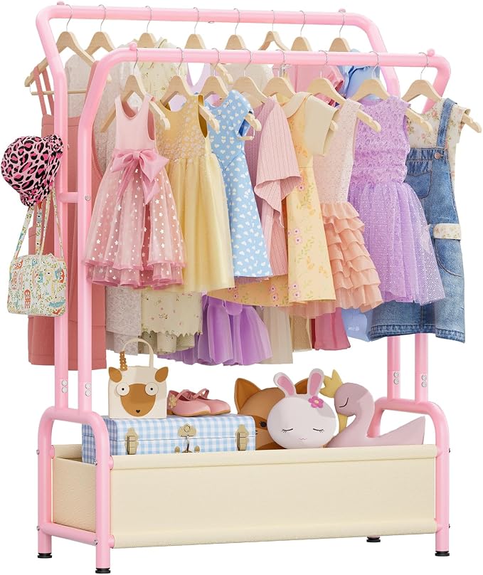 Kids Clothing Rack with Double Hanging Rods and Storage Basket | Child-Height Dress Up Storage for Toddler, Open Kids Closet for Baby Clothes, Costumes, Shoes and Toy, Bedroom Nursery