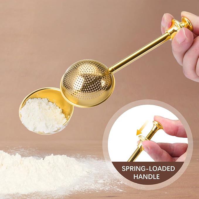 HULISEN Flour Duster, 304 Stainless Steel Flour Sifter for Baking, Gold | Spring-Press Handle, Dishwasher Safe, For Flour, Powdered Sugar, Fine Spices, Pick Up and Dust Flour Sifter, Gift Package