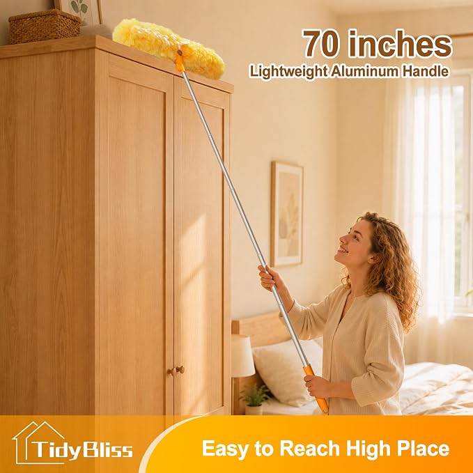 TidyBliss 6 ft Extendable Dusters for Cleaning Compatible with Swiffer, Super Long Handle Dusting Wand Kit with 10 Refills, 360 Degree Heavy Duty Microfibers Dust Removing Tool for Ceiling (Orange)