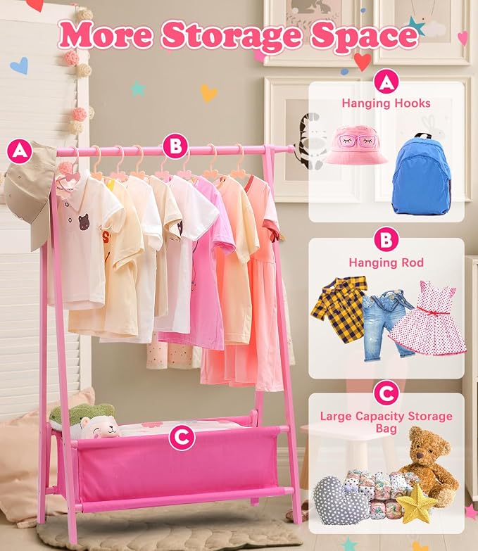 Kids Clothing Rack with Storage, Dress Up Rack, Child Clothes, Small Garment, for Costume, Bamboo (Pink)