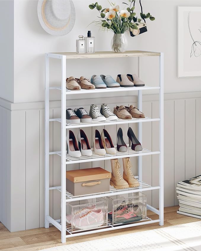 Yusong Shoe Rack Organizer, 6 Tier Industrial Shoe Storage Shelf, Narrow Sturdy Metal Shoe Shelves for Closet Entryway, White