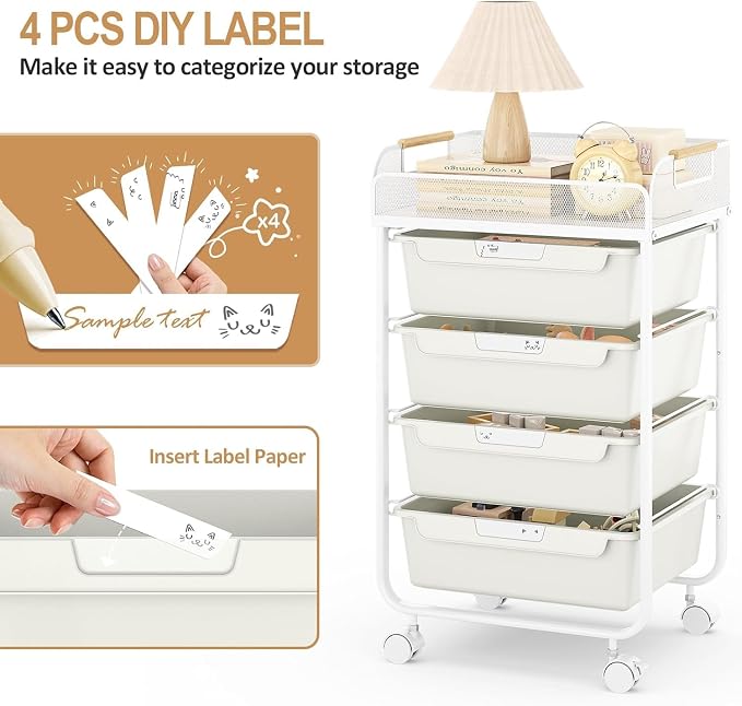 SYKIARIOL 4-Drawer Rolling Storage Cart with Mesh Top, Utility Craft Organizer Cart on Wheels with DIY Labels, Rolling Drawer Cart for Home Office Classroom Bedroom, White