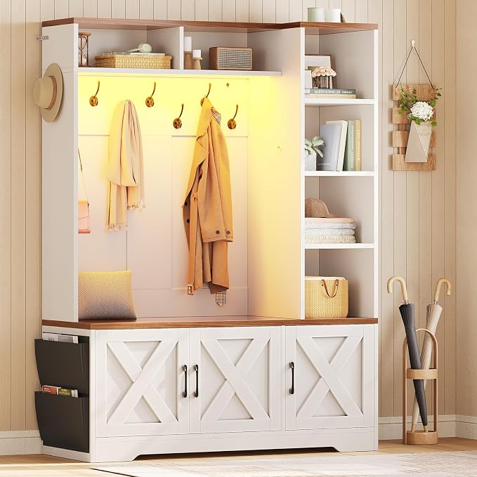 Itaar Hall Tree with Bench and Shoe Storage, Farmhouse Entryway Bench with Coat Rack, Shoe Cabinet with Adjustable Shelves, 6 Storage Cubbies, 10 Coat Hooks, Storage Bag, Led Lights, White