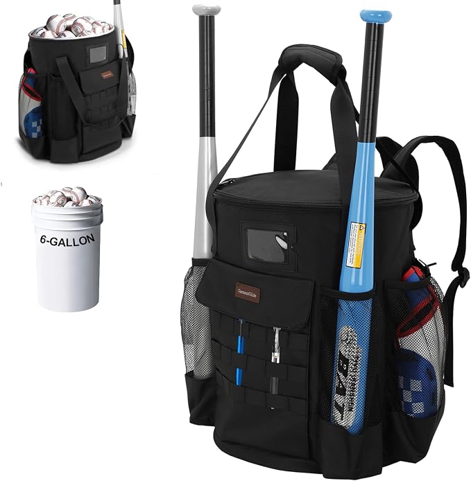 Baseball Bucket Backpack for 6 Gallon Bucket, Durable Softball Coaches Bag | Baseball Coaching Accessories Organizer with Pockets for 2 Bats, Gloves & Scoreboards, Tactical Gear for Practice & Games