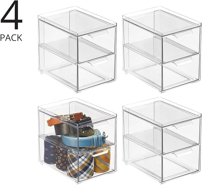 mDesign Stackable Storage Containers Box with 2 Pull-Out Drawers - Stacking Plastic Drawer Bins for Closet Organization, Linen, Coat, Bedroom or Entryway Closets - Lumiere Collection - 4 Pack, Clear