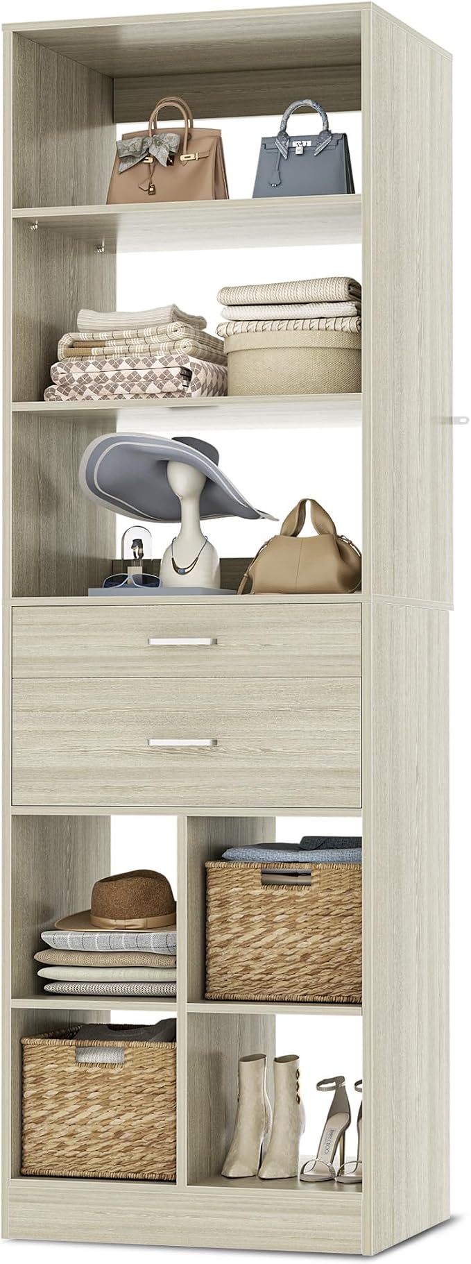 Besiost 22" Closet System with Drawers, Small Closet Organizer for Walk in Closet, Bedroom & Nursery, Wardrobe Storage Unit with Storage and Shelves, Enclosed Storage Volume 2.58 ft³, Greige Oak