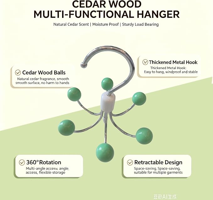 4-Pack 360° Swivel Hoodie Hangers with 6 Cedar Balls, Closet Organizer for Bra, Scarves, Belts, Purse & Accessories Storage-Green
