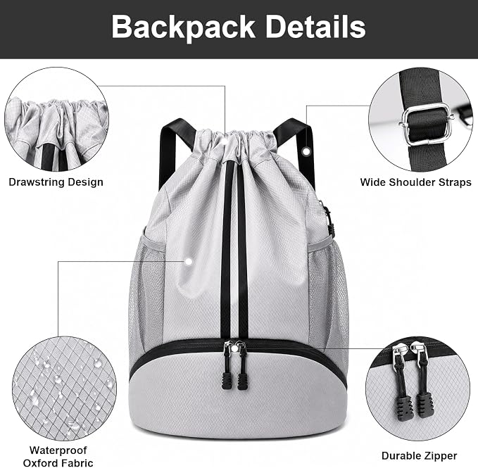 Hoedia Sports Drawstring Backpack - Swim Gym Bag for Women and Men | String Bag with Shoes Compartment and Wet Proof Pocket, Adjustable Wider Shoulder Strap, For Soccer, Basketabll, Volleyball