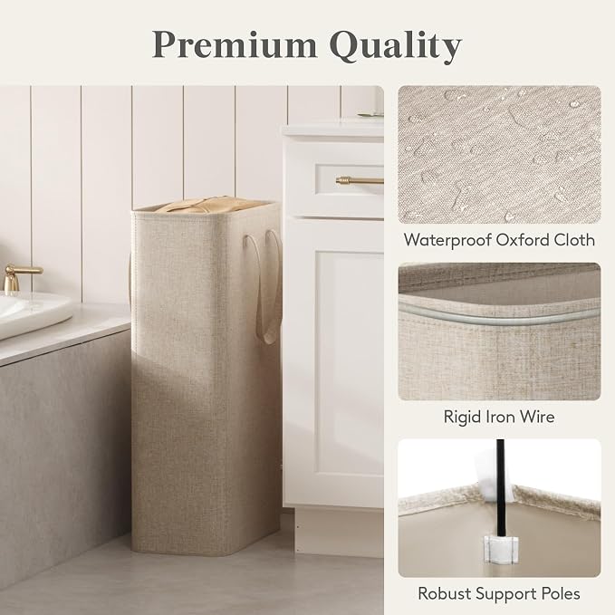 Lifewit Slim Laundry Hamper, Narrow Small Laundry Basket with Handle for Dirty Clothes, Collapsible Tall Thin Laundry Bin for Bathroom Bedroom Dorm College, 65L, Beige