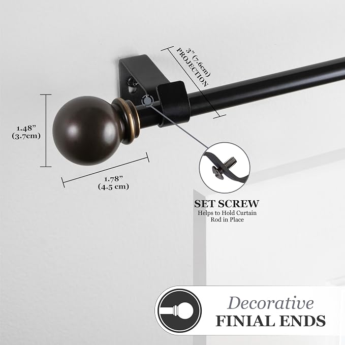 Kenney Chelsea Ball End Window Curtain Rod, Adjustable 28-48 Inch Extendable Rod Set, Oil Rubbed Bronze