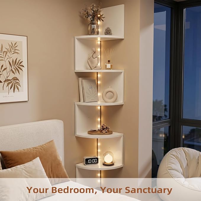 HAAYOT Corner Shelf Wall Mounted: 5-Tier Floating Shelves with Lights for Living Room, Bedroom, Home Office, Cloud White