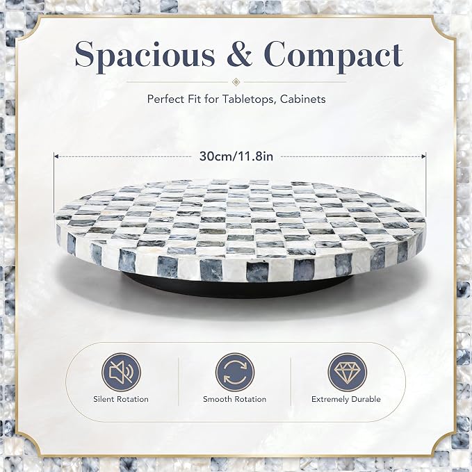 Reallnaive Mother of Pearl Lazy Susan for Table Turntable Organizer Marble Patterned Lazy Susan Wood Spinning Tray Rotating for Kitchen Cabinet Spice Pantry 12 Inch(Round,Black White Checkerboard)