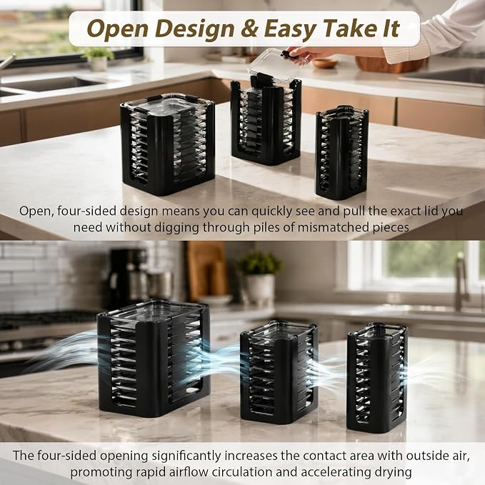 3PCS Lid Organizer for Rubbermaid Brilliance Nap-on Lids (Holds 30 Lids) | Food Container Lid Organizer for 4.7 Cup, 3.2 Cup, 1.3 Cup, 0.5 Cup Containers (Holds 30 Lids) Black