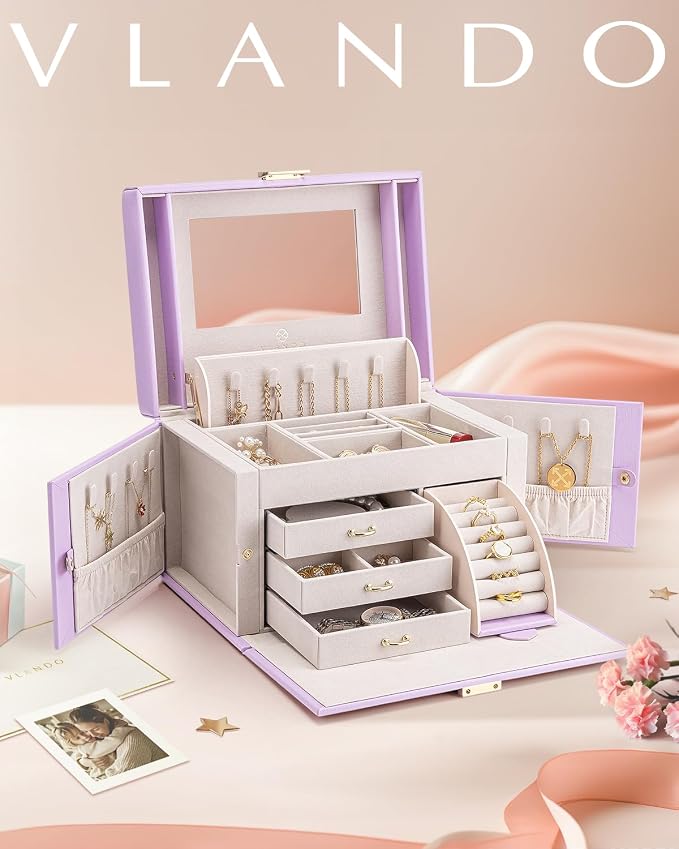 VLANDO Jewelry Box Organizer for Girls Women, Large Baroque Jewelry Holder Organizer with Mirror, 3 Drawers for Bracelets, Earrings, Rings, Necklaces, Mothers Day Gifts for Loved One, Purple