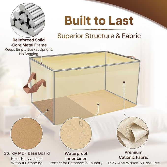 15" Long Fabric Storage Bins 6 Pack, with Handles for Shelves | Collapsible closet organizer bins, sturdy metal frame, 12 labels + twine, for clothes, toys, shelves.