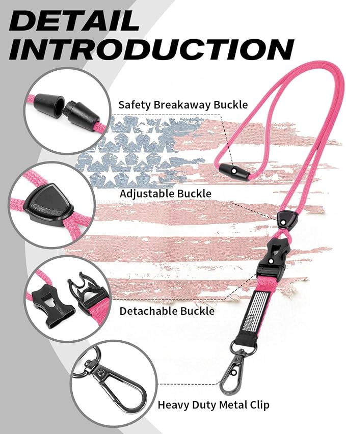 LIUGX Badge Holder with Breakaway Lanyard, Carbon Fiber-Texture, 6 Cards | American Flag, Quick Release Detachable Buckle, Metal Clip, Heavy Duty ID Card Holder, for Work, Office, Easy to Use, Pink