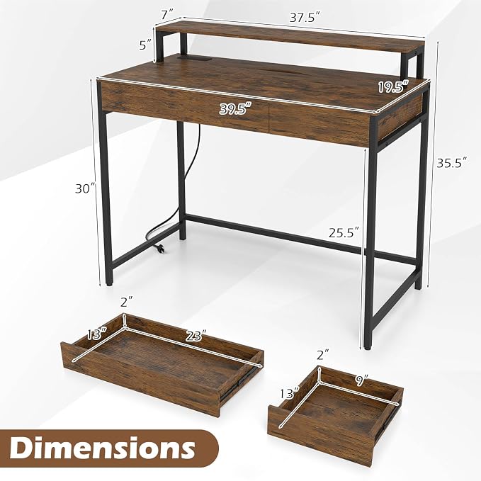 Tangkula Computer Desk with Dual-use Drawer & Keyboard Tray, Home Office Desk with Removable Monitor Shelf & Power Outlets, Modern Writing Desk Study Table for Home Apartment Dorm (Rustic Brown)