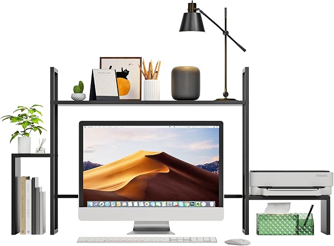 WelFurGeer LED Desk Shelf Organizer with RGB Light Strip, 2-Tier Desktop Shelf for Computer Monitor, Sturdy Metal Frame & Wood Shelves - Desk Hutch Bookshelf for Home Office, Dorm, Gaming (Black)