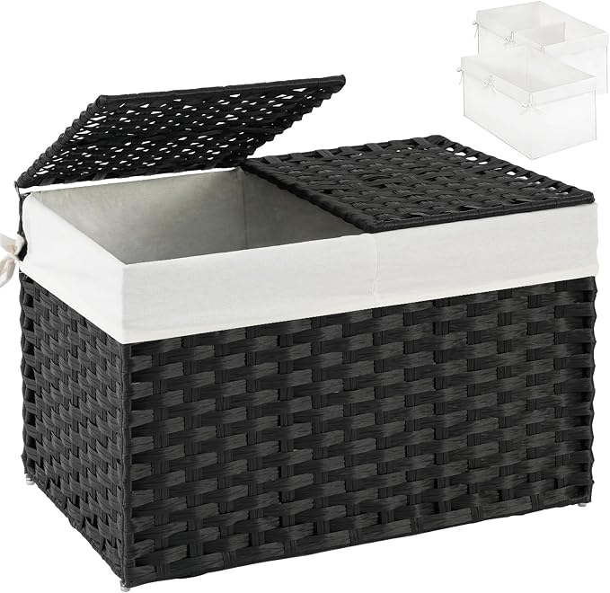 SETVSON Storage Basket with Lid Rattan Storage Basket with 2 Separate Lid, 27.8 Gallon (105 L) 25.2 * 15.4 * 16.1 Inches Woven Wicker Baskets with 2 Liners and Handles for Bedroom Laundry Black