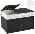 SETVSON Storage Basket with Lid Rattan Storage Basket with 2 Separate Lid, 27.8 Gallon (105 L) 25.2 * 15.4 * 16.1 Inches Woven Wicker Baskets with 2 Liners and Handles for Bedroom Laundry Black