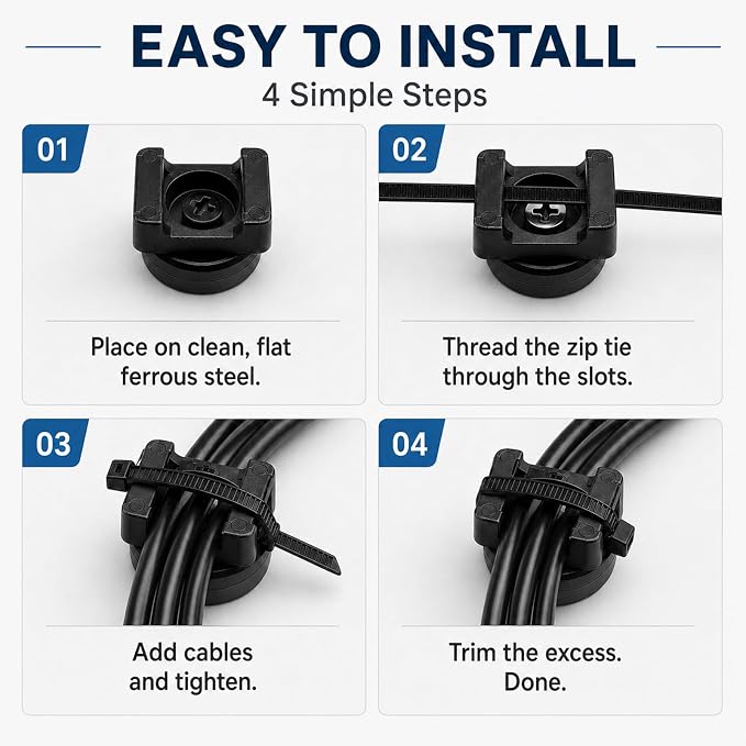 30 Pcs Magnetic Zip Tie Mounts with 200 Black Cable Ties, 22 mm Magnetic Cable Clips for Wire Management on Steel Cabinets, Racks and Ferrous Metal Surfaces