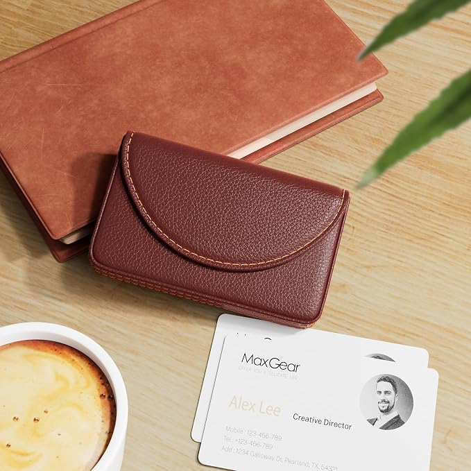 MaxGear Business Card Holder Case, PU Leather Business Card Case, Coffee | Pocket Name Card Holder Wallet for Purse, Portable Business Card Carrier with Magnetic Closure, Slim Stylish Men Women Gift