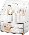 Makeup Organizer Countertop Vanity with Transparent Lid Drawers Waterproof Dustproof Cosmetic Skincare Bathroom Storage Gift for Women Teens Girls (Clear Whtie)