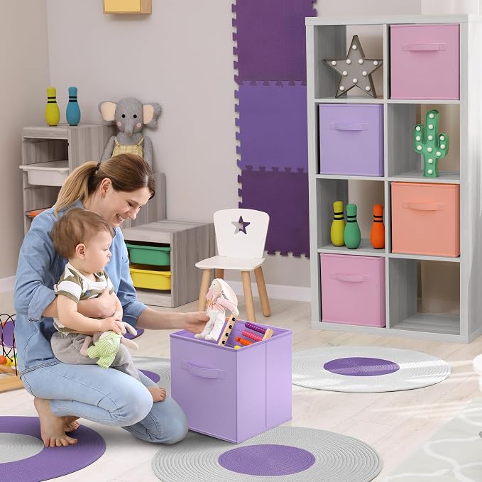 Sorbus Storage Cubes - 11" Foldable Storage Bins with Handle for Nursery, Playroom, Closet Organizers and Storage - 6 Fabric Shelf Basket for Toys, Books, Clothes - Orange Purple & Pink Storage Cubes