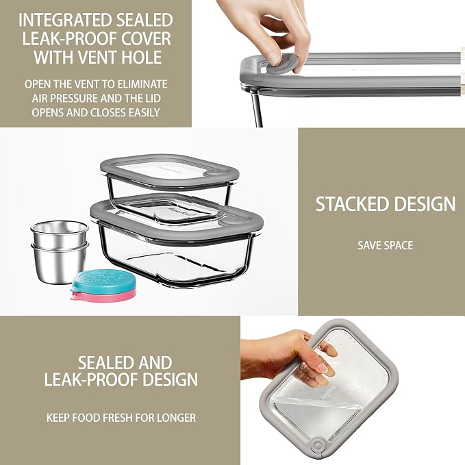 Glass Food Storage Containers with Silicone Glass Lids, Stainless Steel Salad Dressing Containers, LeakProof Food Containers Set, 4-pack 12-21-35-50 oz（Grey）