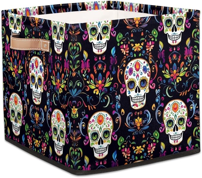 TropicalLife Flower Skull Storage Cube, 13 Inch Fabric Cube Storage Organizer Bin for Shelves Clothes, Decorative Foldable Storage Boxes