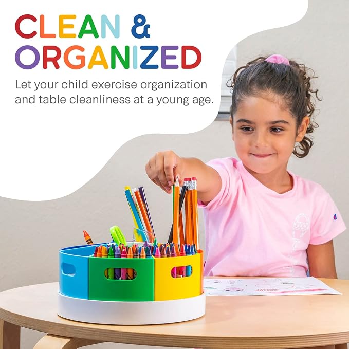 8.6" Desk Art Supply Organizer for Kids – Compact Rotating Lazy Susan Art Caddy with Dividers for Crayons, Markers & Pencils, Classroom Storage for Teachers Students Homeschool