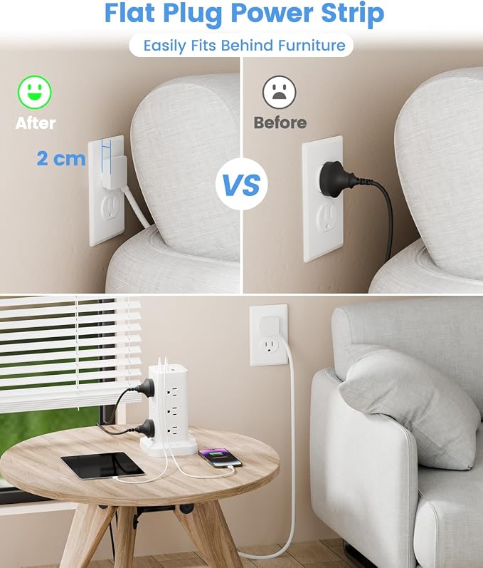 Power Strip Tower with Surge Protector 1800J, Fast Charging Tower PD20W USB-C Ports with 12 AC Outlets, Extension Cord for Home Office Dorm Room, 10ft, White