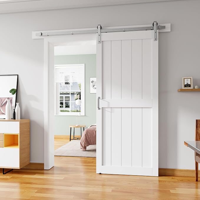 34''x84'' Sliding Barn Door with 6 Ft Brushed Nickel Hardware Kit | Pre-Drilled Holes Easy Assembly - Include Installation Manual, Water-Proof PVC Surface, H-Frame, White