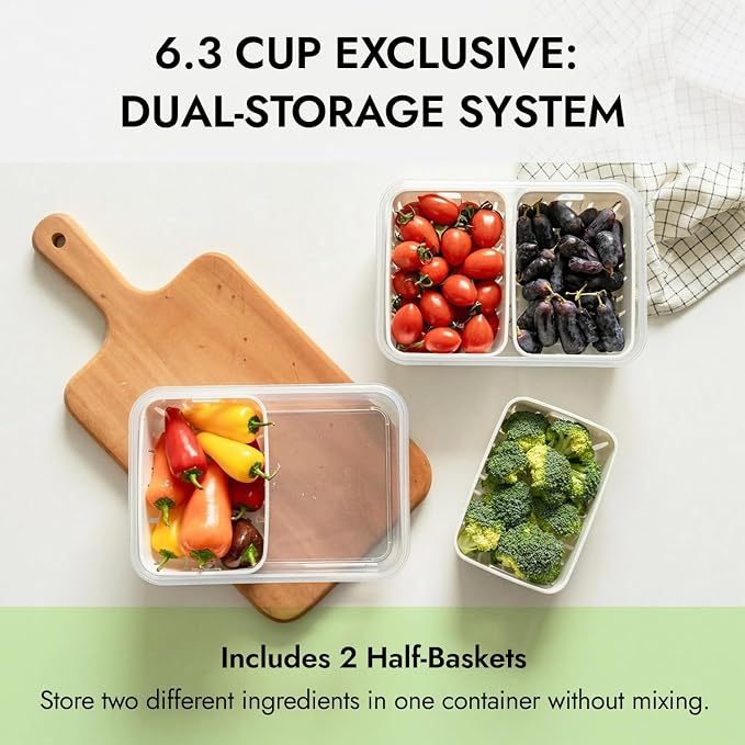 carrotez 6.3 Cup Produce Saver Container for Fridge with Colander - 1.5L | Airtight Fruit & Vegetable Storage Bin, Removable Strainer Basket, BPA-Free, Stackable, White Colander