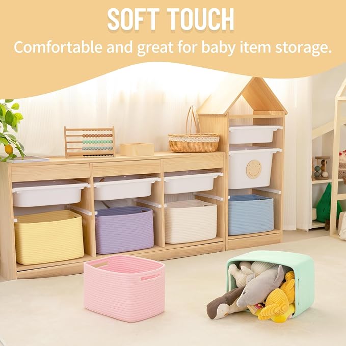 4 Pack Storage Baskets for Organizing Toys, Towels, and Clothes, Woven Basket for Shelves, Sturdy Nursery Cube Bins for Storage, 13''L x9''W x7.8''H, Pink