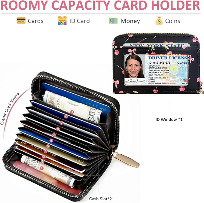 Sunwel Fashion Credit Card Holder for Women Small Accordion Card Cases with ID Window (PINK CHERRY)