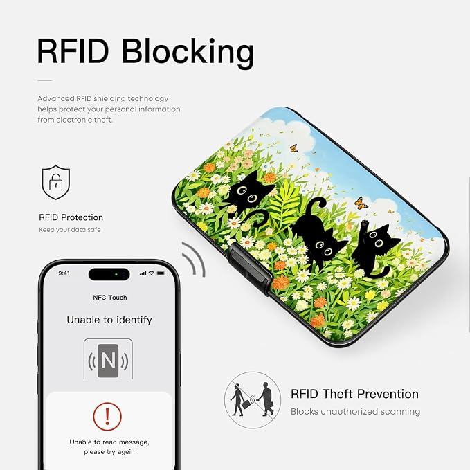 Credit Card Holder RFID Aluminum card case Flower Cats mini Wallet Women | ABS Business ID Case,Hard Case Large Capacity 6 Slots, Waterproof Durable Secure Closure Slim Small Credit Card Protector