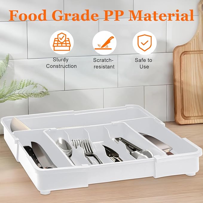 Spaclear Silverware Drawer Organizer Tray, Adjustable Cutlery Storage for Kitchen, Expandable Flatware and Utensil Holder Divider for Spoons Forks Knives Tableware, 15 x 19, 4-7 Slots, Gray