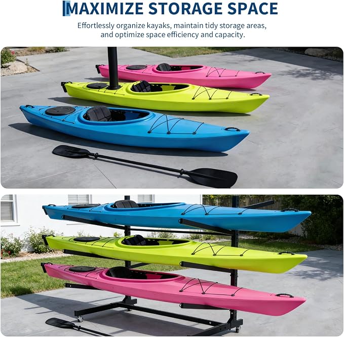 Freestanding Kayak Storage Rack with Wheels, Adjustable Kayak Racks for Garage and Outdoor, Heavy Duty Kayak Stands for Canoes, Kayaks, SUP and Surfboards